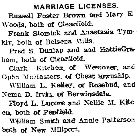 Clearfield County PA Marriage Licenses June 1913